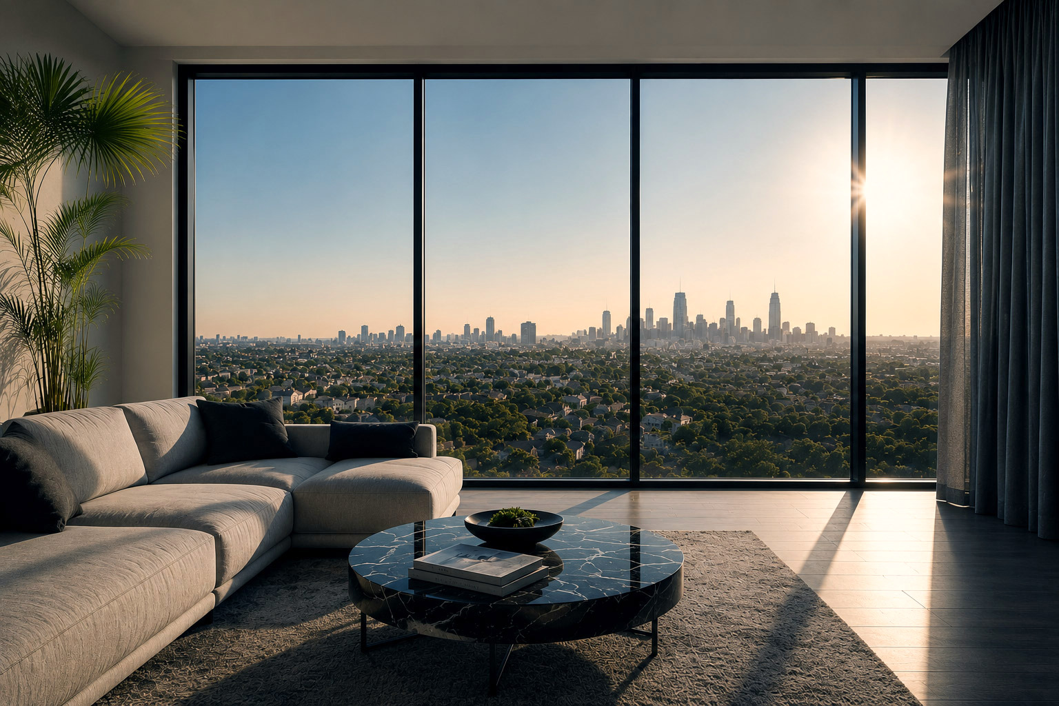 A living room in the late afternoon, full height glazing along one wall, the low sun across the floor and the skyline clear through the glass