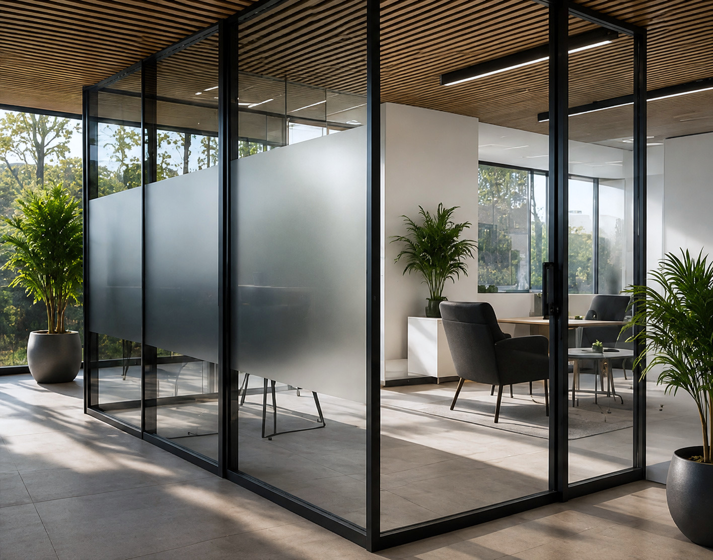 An office partition with a banded frosted finish across clear glazing, planting in front of it and a meeting room beyond