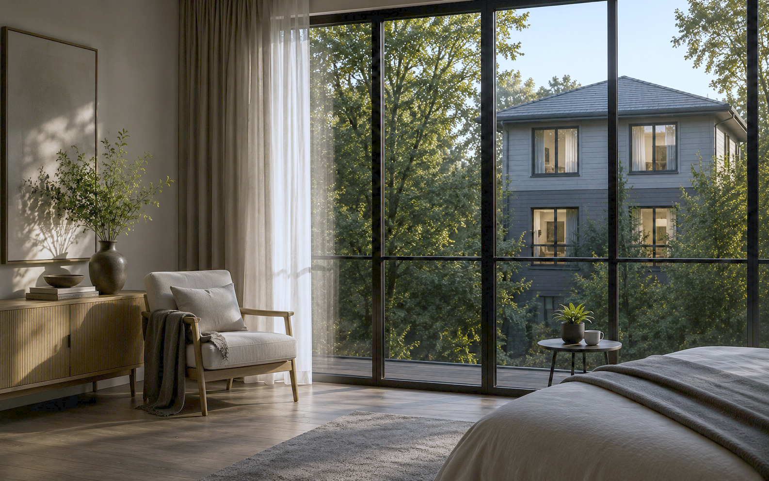 A bedroom at dusk with full height glazing looking out to trees and a neighbouring house, its upstairs windows lit and close enough to see into