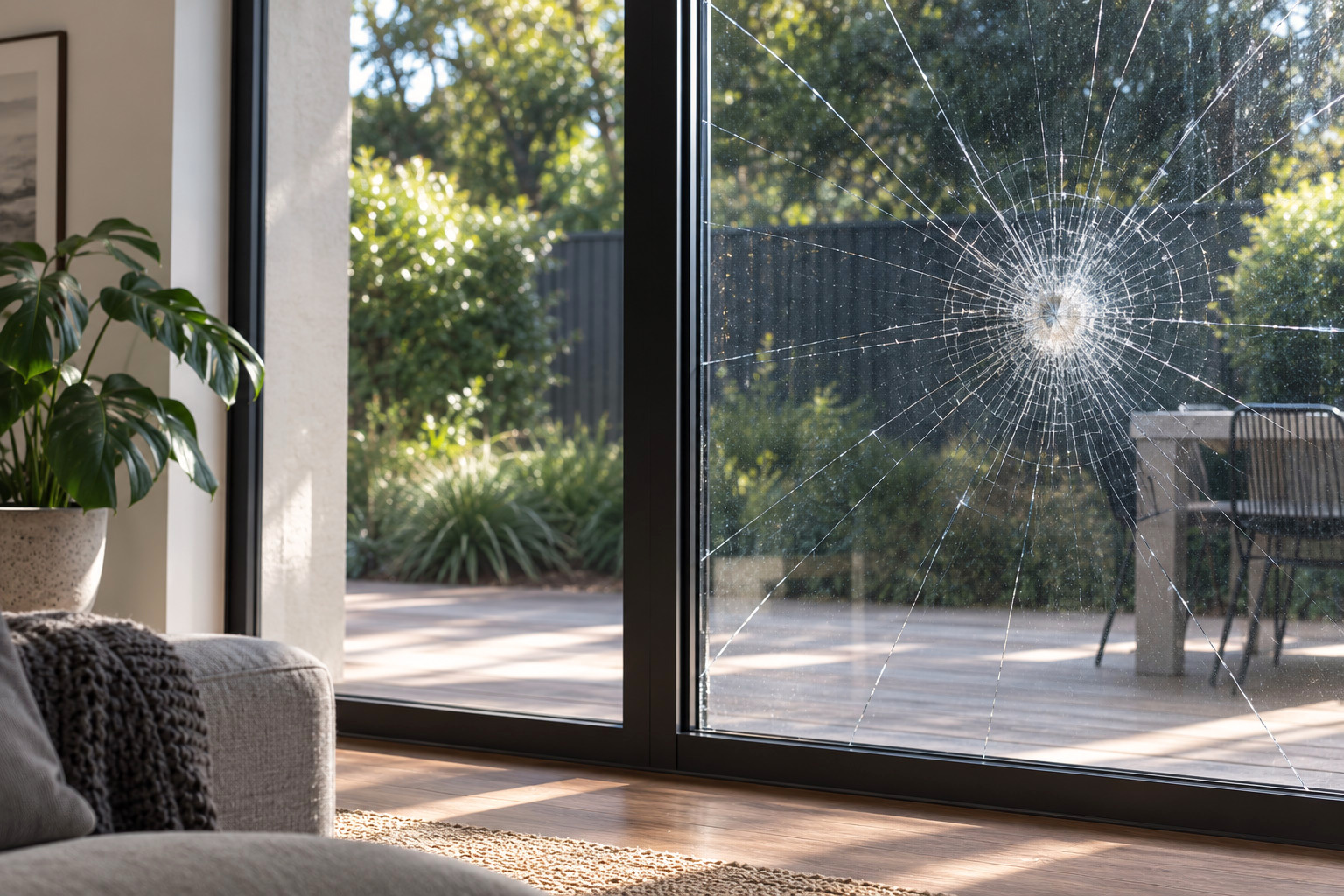 A glazed sliding door after an impact: the pane is fractured in a tight radial pattern and is still standing in its frame, the room beyond it undisturbed