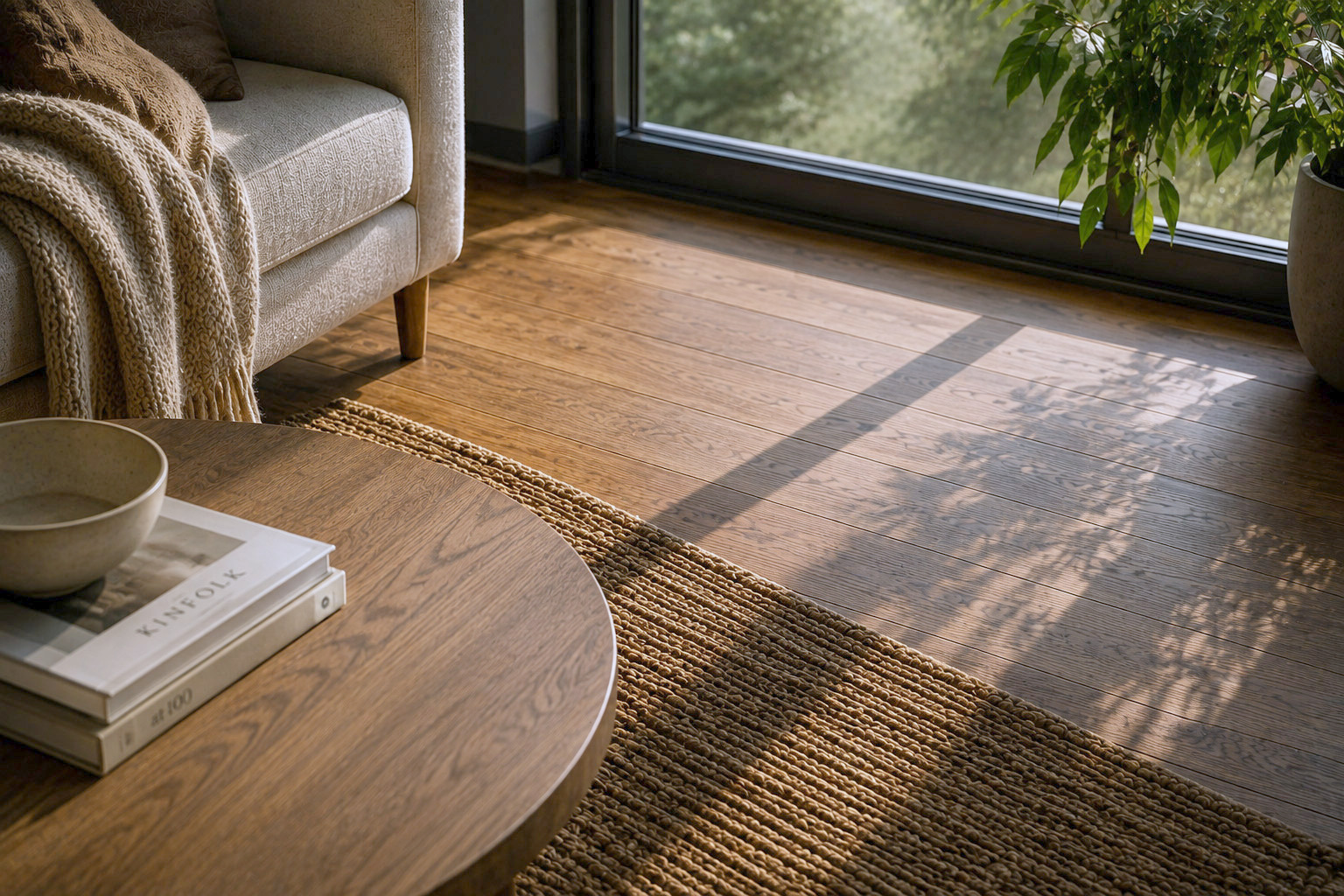 Late afternoon sun raking across a dark timber floor and a jute rug, falling in the shape of the window beside it